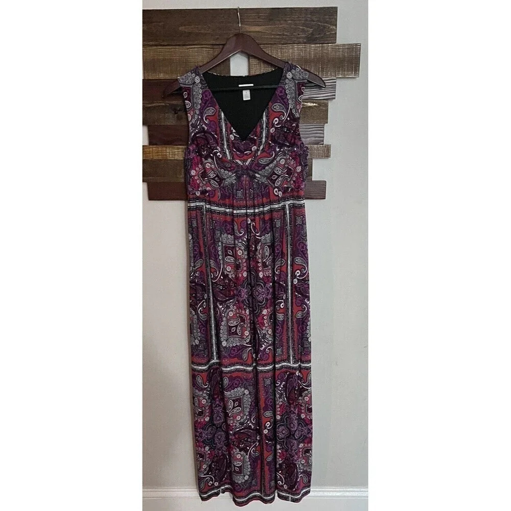 Chicos Womens Dress Maxi Size 1 Paisley Handkerchief Print Boho Stretch Tank